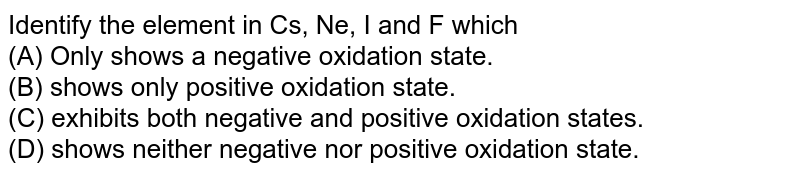 Identify the element in Cs,Ne,I and F which (a) shows only negative oxidation state. (b) shows only positive oxidation state. (c) shows both negative and positive oxidation states. (d) shows neither negative nor positive oxidation state.