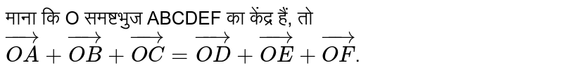 माना कि O समष्टभुज ABCDEF का केंद्र हैं, तो <br> `vec(OA) + vec(OB) + vec(OC) = vec(OD) + vec(OE) + vec(OF)`. 