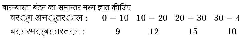  बारम्बारता बंटन  का समान्तर मध्य ज्ञात कीजिए   <br>   `{:(" वर्ग अन्तराल : ",0-10,10-20,20-30,30-40,40-50),(" बारम्बारता :", "  "9,"  "12,"  "15,"  "10,"  "14):}`