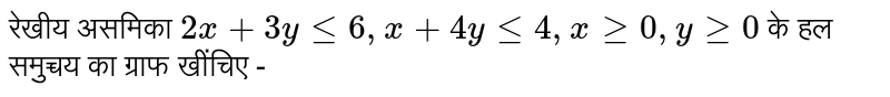 रेखीय  असमिका `2x+3yle6,x+4yle4,xge0,yge0`  के हल समुच्चय  का ग्राफ  खींचिए -