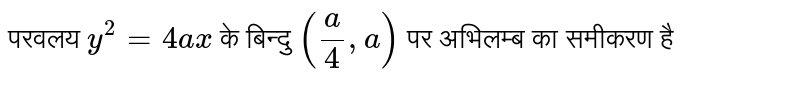 परवलय  `y^(2) = 4ax`  के बिन्दु  `((a)/(4), a)`  पर अभिलम्ब का समीकरण है