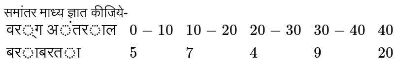 समांतर माध्य ज्ञात कीजिये- `{:("वर्ग अंतराल",0-10,10-20,20-30,30-40,40-50,50-60,60-70,70-80),("बराबरता",5,7,4,9,20,7,8,3):}`