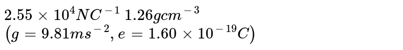 `2.55xx10^(4)N C^(-1)`   के नियत विधुते क्षेत्रके प्रभाव में 12  इलेक्ट्रान आधिक्य की कोई तेल बूँद  स्थिर राखी जाती है (मिलिकन तेल बूँद प्रयोग )। तेल का घनत्व `1.26 g cm^(-3)`  है । बूँद की त्रिज्या का आकलन कीजिये `(g=9.81 m s^(2)- , e 1.60 xx 10^(19) C)` |