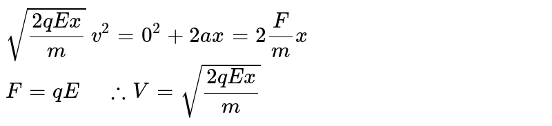 m द्रव्यमान का इलेक्ट्रॉन (आवेश q ) एकसमान वैद्युत क्षेत्र E में विरामावस्था से त्वरित होता है। सिद्ध कीजिए कि x दूरी तय करने में इलेक्ट्रॉन द्वारा अर्जित वेग `sqrt((2q Ex)/(m))` होगा। <br> माना इलेक्ट्रॉन द्वारा x दूरी तय करने में अर्जित वेग v है, तब `v^(2) = 0^(2) + 2ax = 2 (F)/(m) x`  <br> परन्तु  `F = qE " " :. V = sqrt((2q Ex)/(m))`