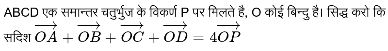 ABCD एक समान्तर चतुर्भुज के विकर्ण P पर मिलते है, O कोई बिन्दु है। सिद्ध करो कि सदिश `vec(OA)+vec(OB)+vec(OC)+vec(OD)=4vec(OP)`