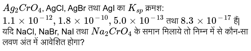 `Ag_(2)CrO_(4)`, AgCl, AgBr तथा AgI का `K_(sp)` क्रमश: `1.1 xx 10^(-12), 1.8 xx 10^(-10), 5.0 xx 10^(-13)` तथा `8.3 xx 10^(-17)` हैं| यदि NaCl, NaBr, NaI तथा `Na_(2)CrO_(4)` के समान मिलाये तो निम्न में से कौन-सा लवण अंत में आवेशित होगा? 