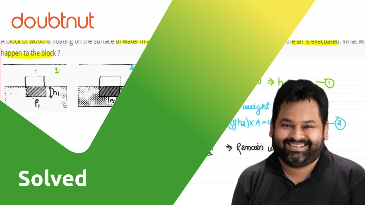 A block of wood is floating on the surface of water in a beaker. The b