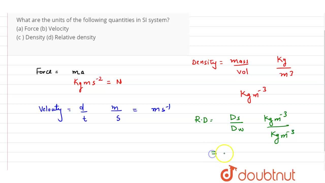What are units of the following quantities in SI system? Force (b) (c ) (d) Relative density