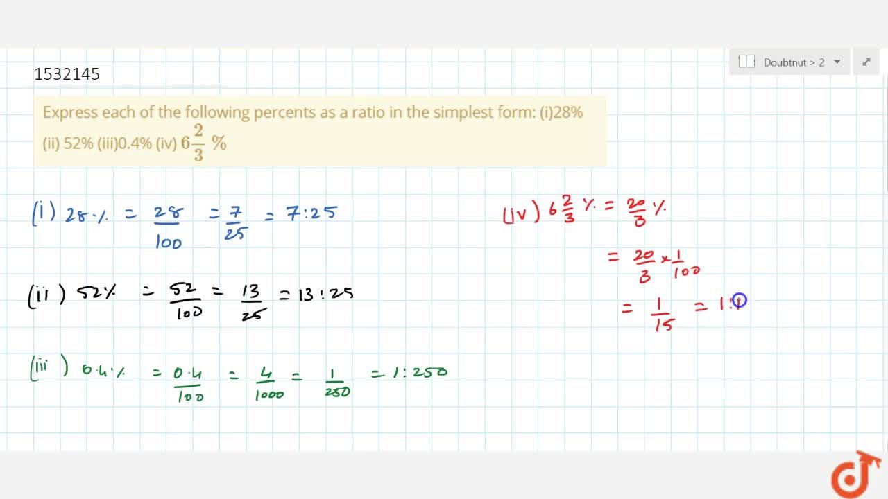 Express each of the following percents as a ratio in the simplest form:  (i)28% (ii) 52% (iii)0.4% (iv) 6 2/3%