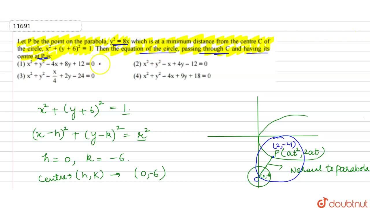 Let P Be The Point On The Parabola Y 2 8x Which Is At A Minimum Distance From The Centre C Of The Circle X 2 Y 6 2 1 Then The Equation Of The Circle Passing Through C And