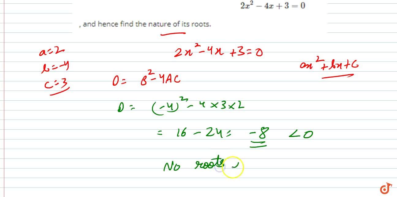 Example 7 - Find discriminant of 2x2 - 4x + 3 = 0 - Examples