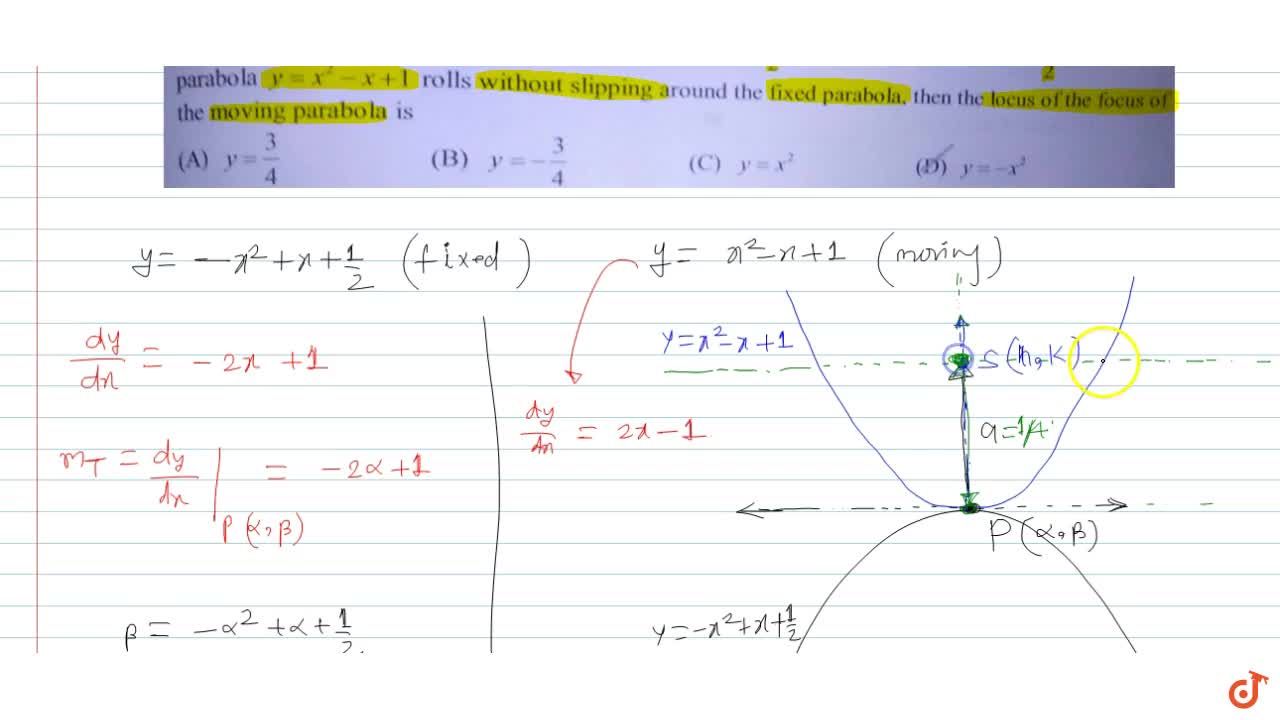 Consider Two Parabola Y X 2 X 1 And Y X 2 X 1 2 The Parabola Y X 2 X 1 2 Is Fixed And Parabola Y X 2 1 Rolls Without Slipping Around The Fixed Parabola Then The Locus Of The Focus Of The