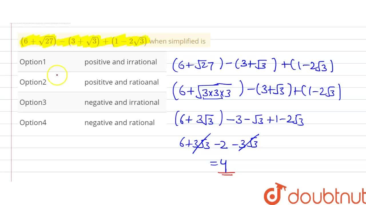 6 Sqrt 27 3 Sqrt 3 1 2sqrt 3 When Simplified Is