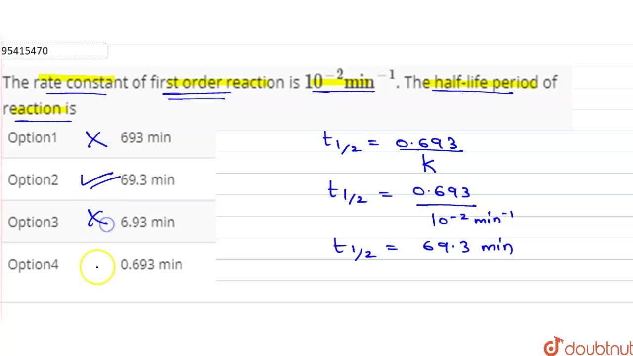 The Rate Constant Of First Order Reaction Is 10 2 Min 1 The Half Life Period Of Reaction Is