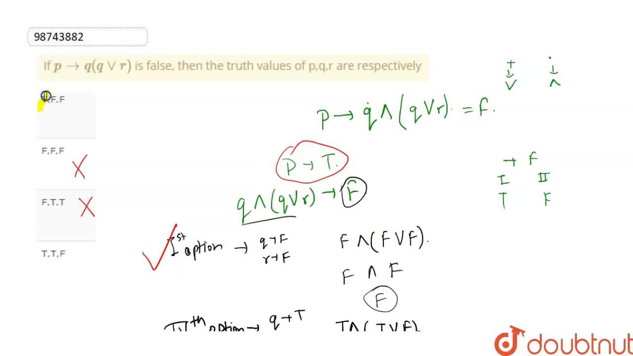 If P To Q Q Vv R Is False Then The Truth Values Of P Q R Are Respectively