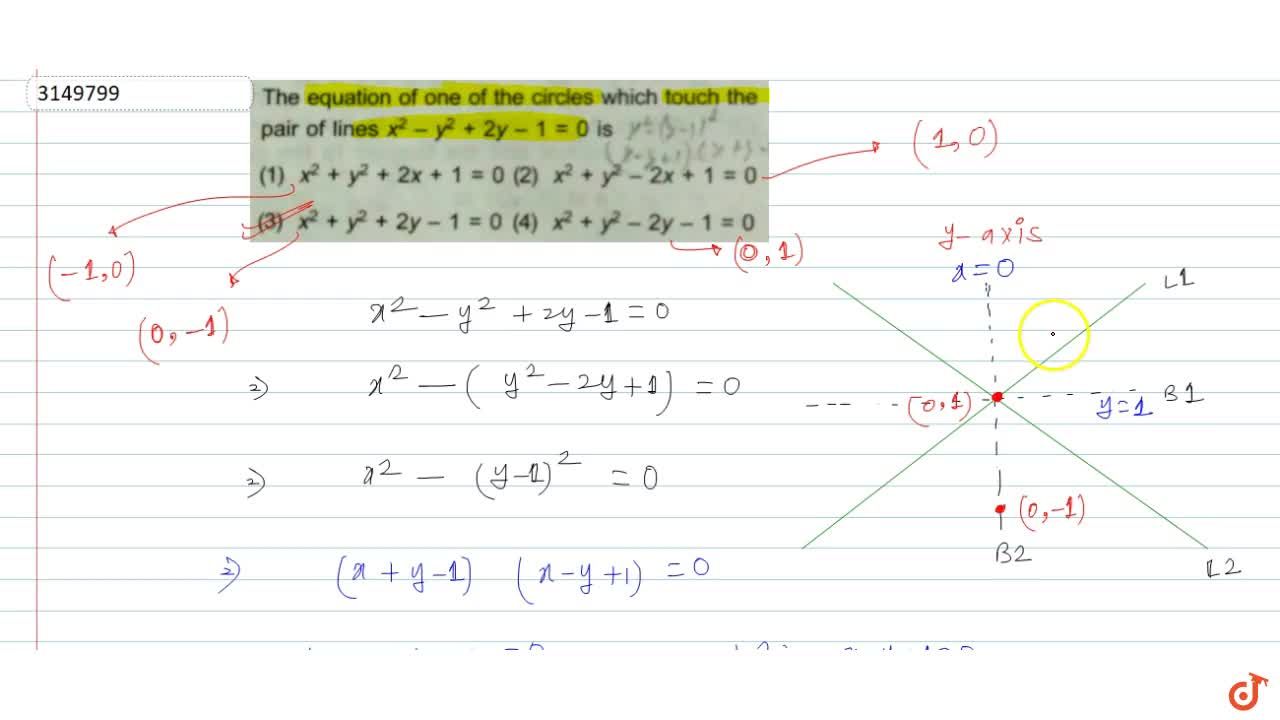 The Equation Of One Of The Circles Which Touch The Pair Of Lines X 2 Y 2 2y 1 0 Is