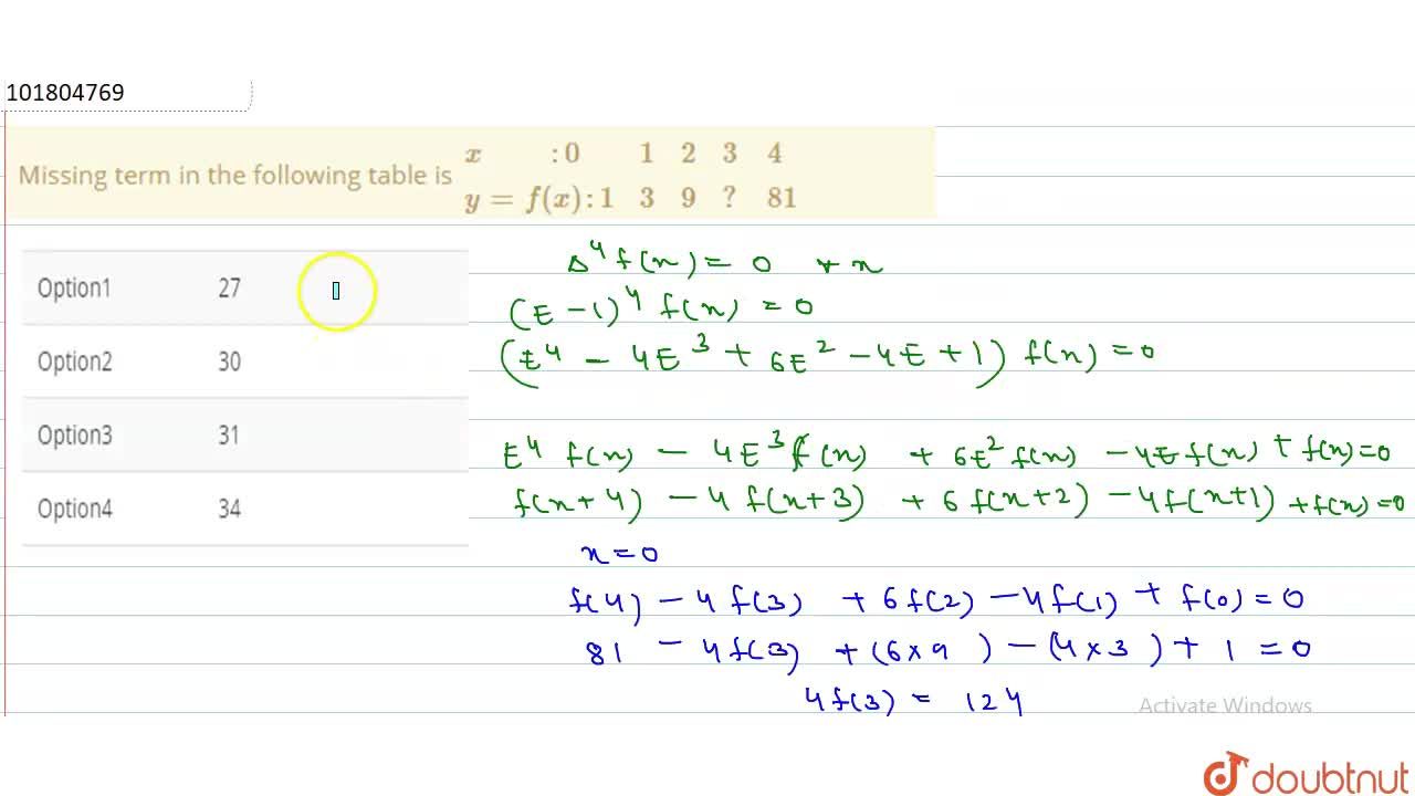 Missing Term In The Following Table Is X 0 1 2 3 4 Y F X 1 3 9 81