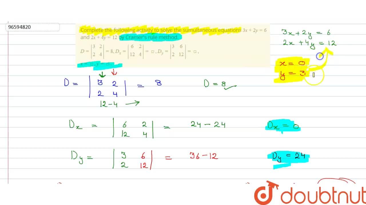 Complete The Following Activity To Solve The Sumultaneous Equations 3x 2y 6 And 2x 4y 12 By Cramer S Rule Method D 3 2 2 4 8 D X 6 2 12 4 Square D Y 3 6 2 12 Square X Square Y Square