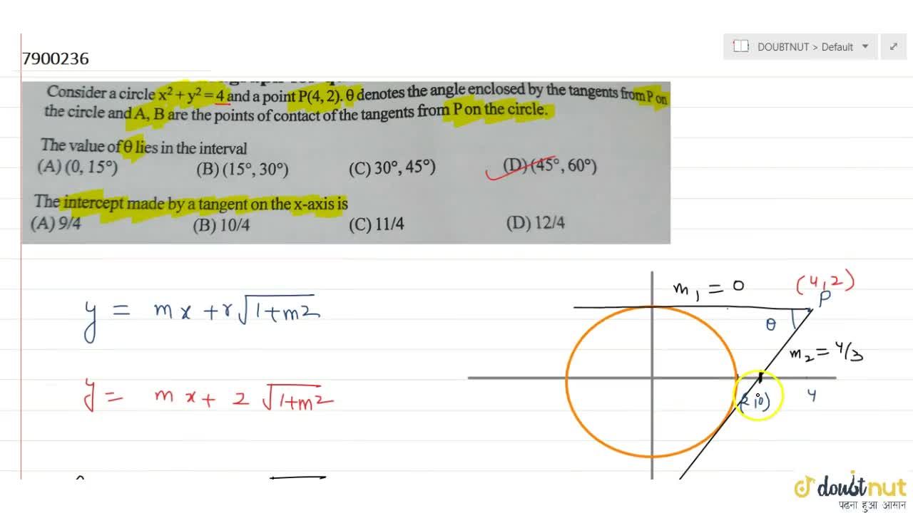 Consider A Circle X 2 Y 2 4 And A Point P 4 2 8 Denotes The Angle Enclosed By The Tangents From P On The Circle And A B Are The Points Of Contact Of The Tangents