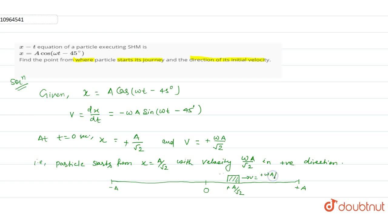 x t equation of a particle executing SHM is x Acos omega t 45 Find the point from where particle starts its journey and the direction of its initial velocity