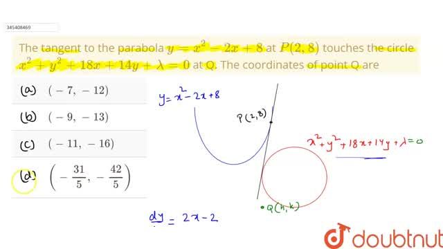 The Tangent To The Parabola Y X 2 2x 8 At P 2 8 Touches The Circle X 2 Y 2 18x 14y Lambda 0 At Q The Coordinates Of Point Q Are