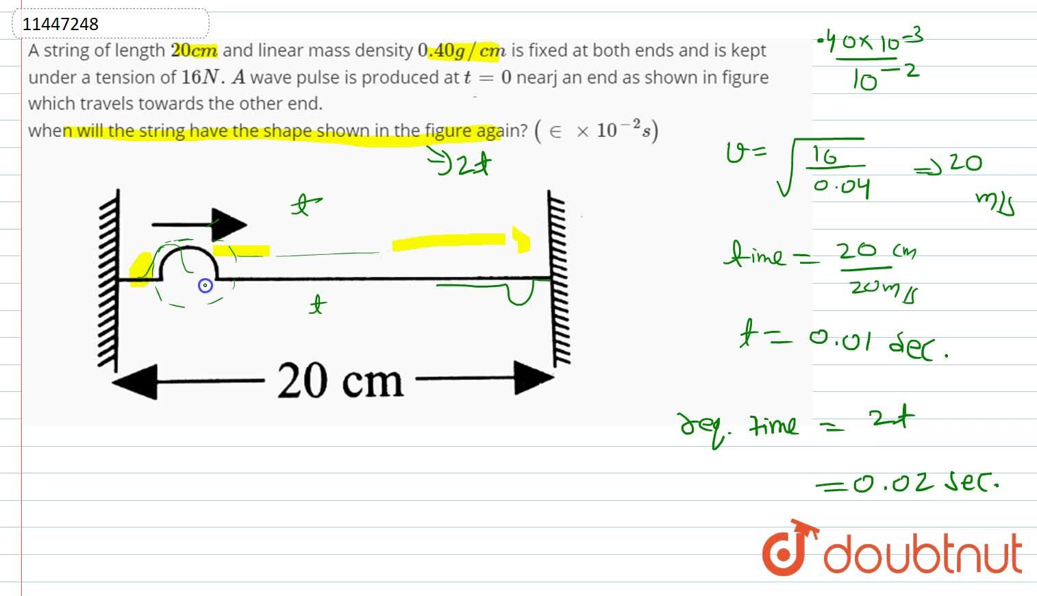 A string of length 20 cm and linear mass density 0.40 g cm is fixed at both ends and is kept under a tension of 16 N.A wave pulse is produced at t 0 nearj an end as shown in figure which