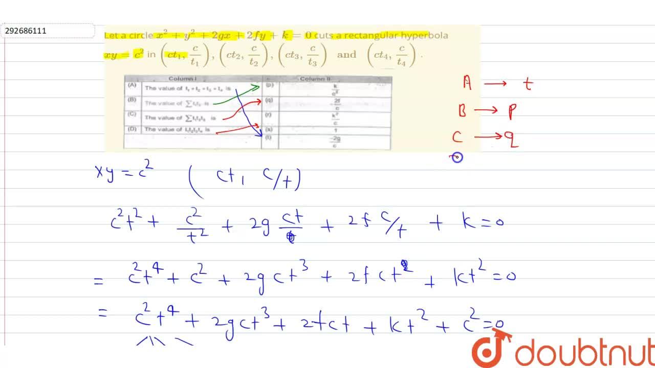 Let A Circle X 2 Y 2 2gx 2fy K 0 Cuts A Rectangular Hyperbola Xy C 2 In Ct 1 C T 1 Ct 2 C T 2 Ct 3 C T 3 And Ct 4 C T 4