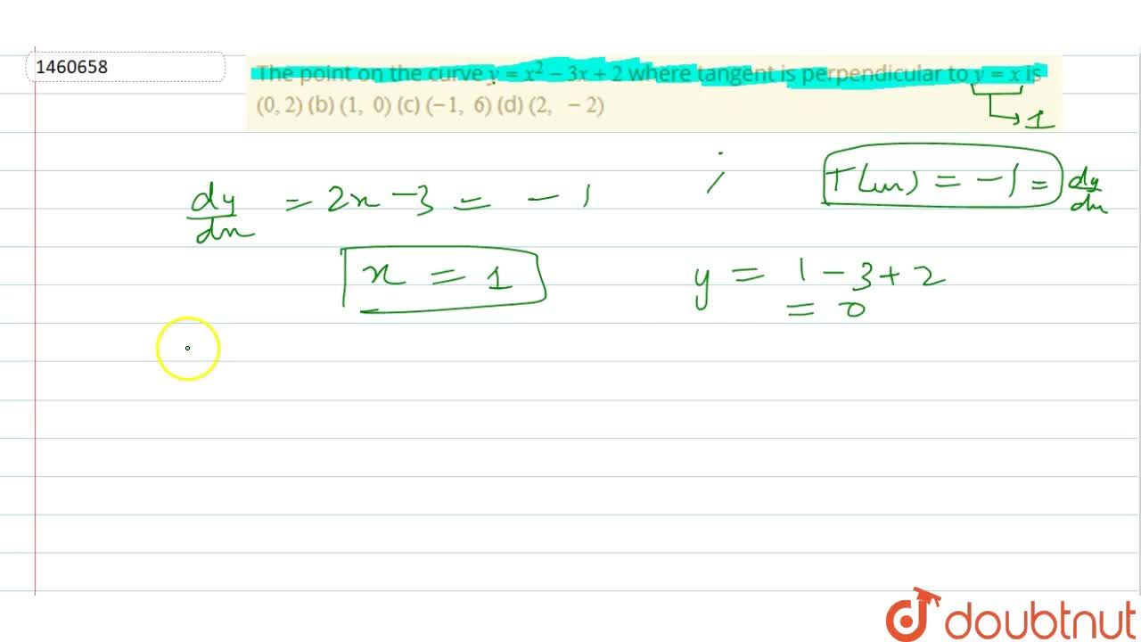 The Point On The Curve Y X 2 3x 2 Where Tangent Is Perpendicular To Y X Is 0 2 B 1 0 C 1 6 D 2 2