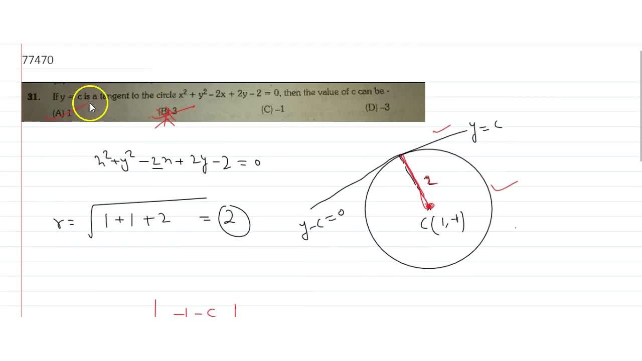 If Y C Is A Tangent To The Circle X 2 Y 2 2x 2y 2 0 Then The Value Of C Can Be