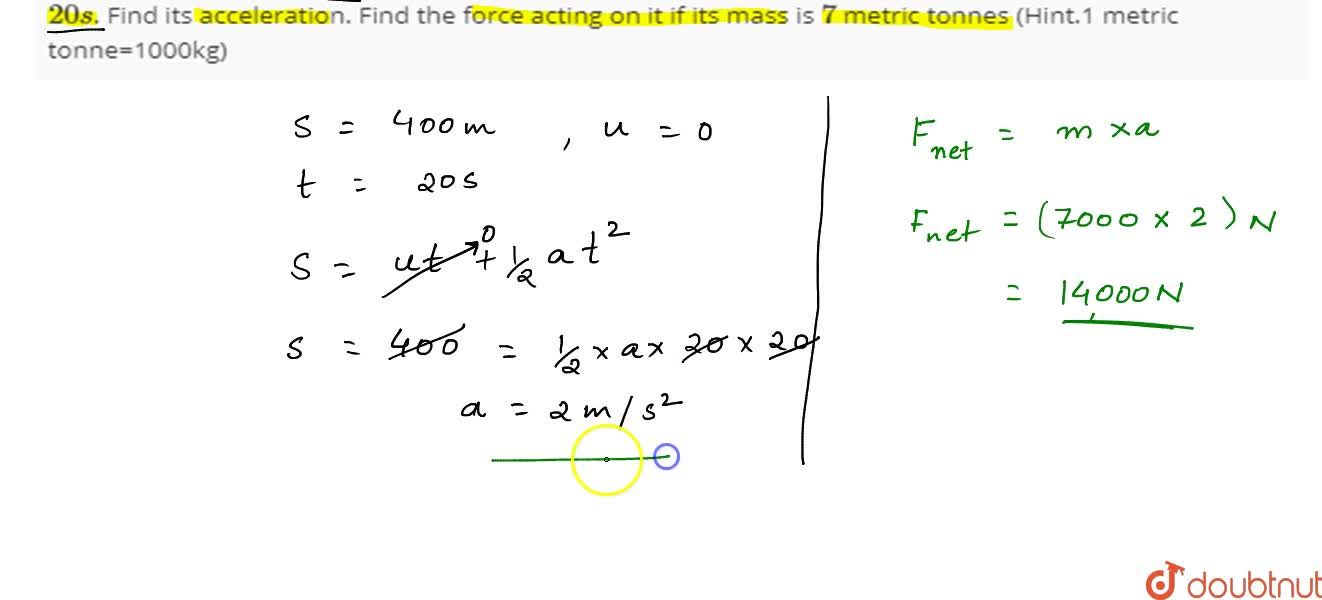 A truck starts from rest and rolls down a hill with a constant acceleration. It travels a distance of 400m in 20 s . Find its acceleration. Find the force acting on it if its mass is 7 metric