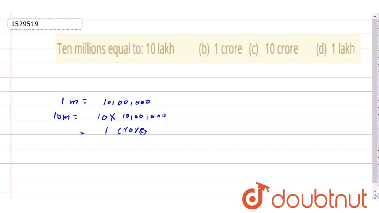 Ten millions equal to: lakh (b) 1 crore (c) 10 crore (d) 1