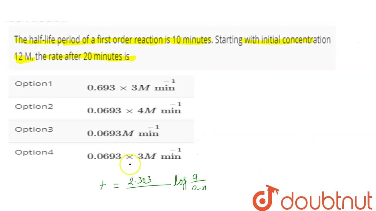 The Half Life Period Of A First Order Reaction Is 10 Minutes Starting With Initial Concentration 12 M The Rate After Minutes Is