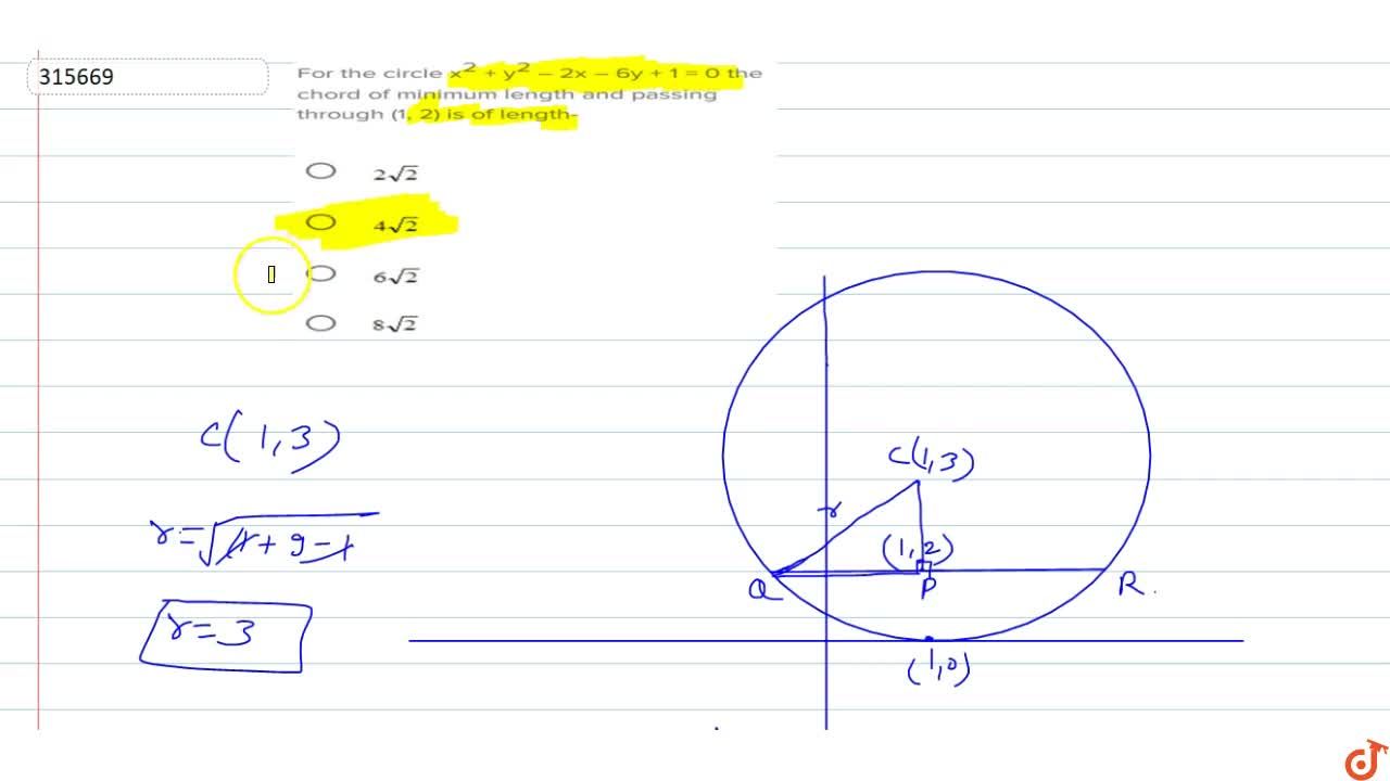For The Circle X 2 Y 2 2x 6y 1 0 The Chord Of Minimum Length And Passing Through 1 2 Is Of Length