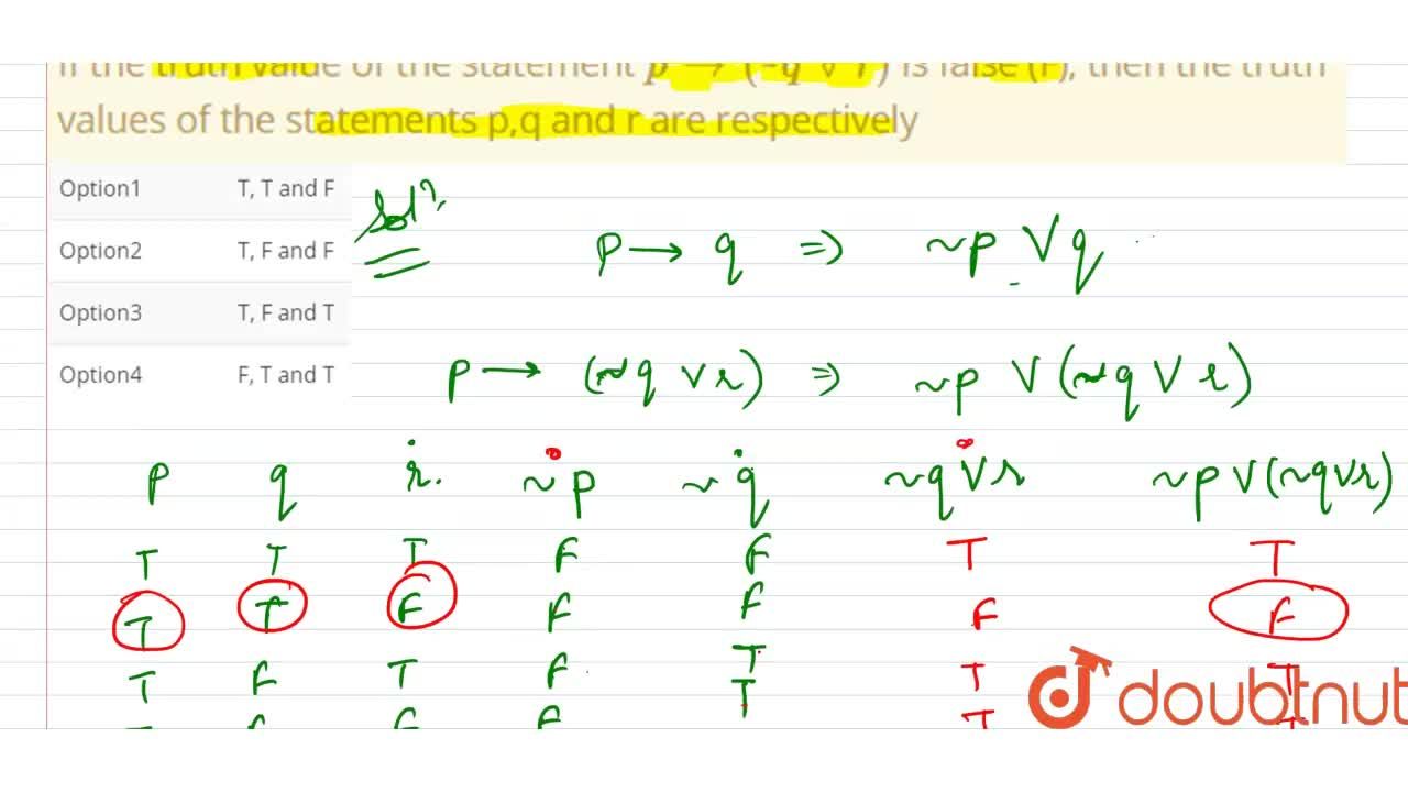 If The Truth Value Of The Statement P To Q Vee R Is False F Then The Truth Values Of The Statements P Q And R Are Respectively