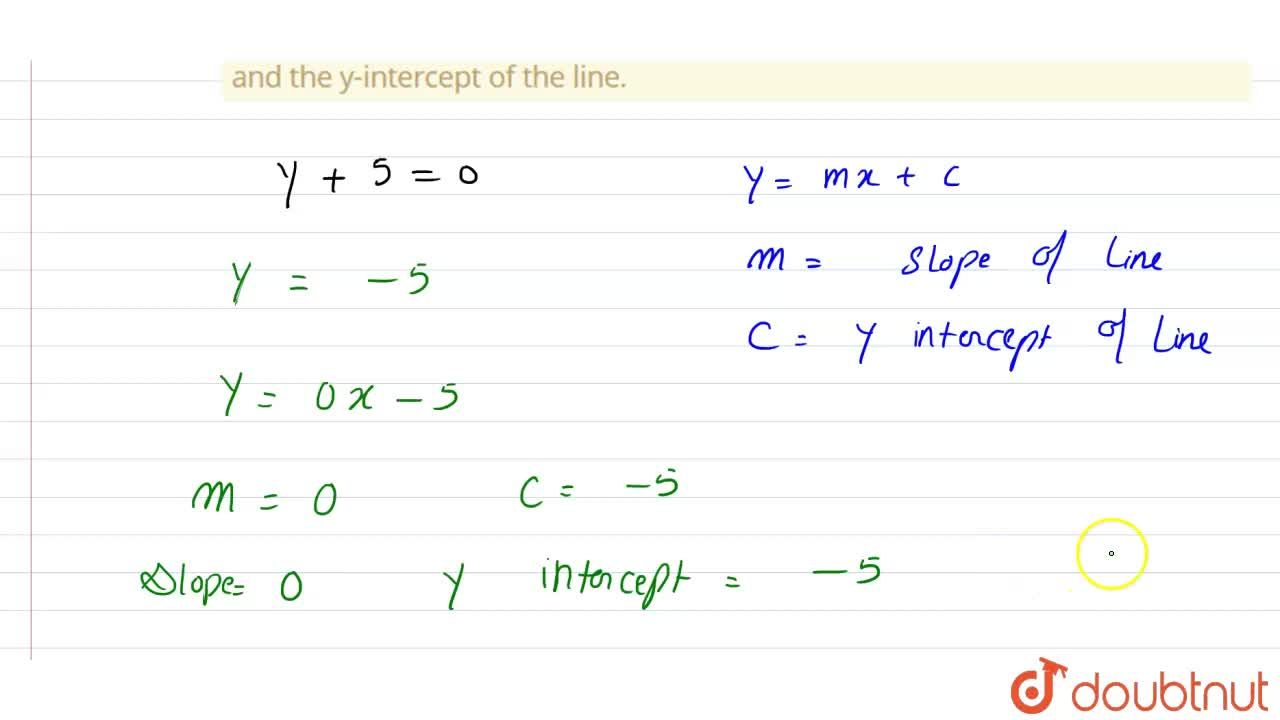 Reduce the equation y+5=0 to slope-intercept form, and hence find the slope  and the y-intercept of the line.