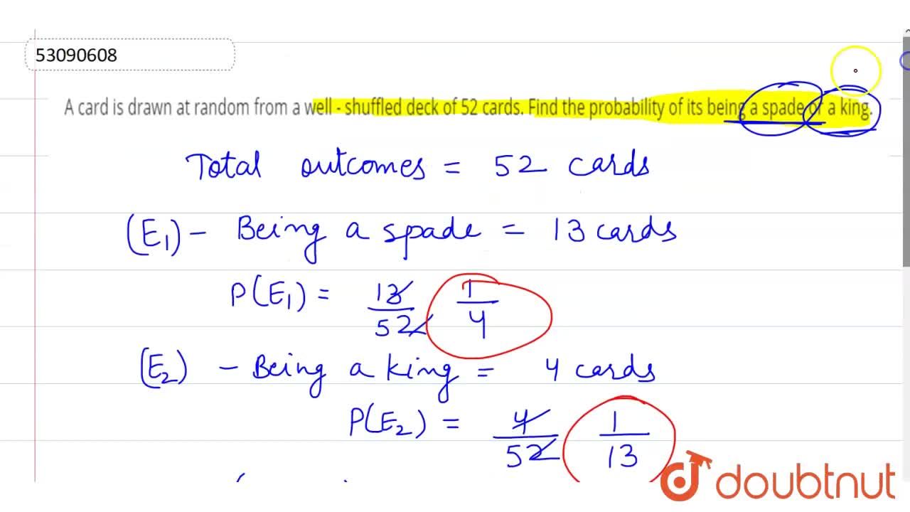 A card is drawn at random from a well - shuffled deck of 52 cards. Find the  probability of its being a spade or a king.