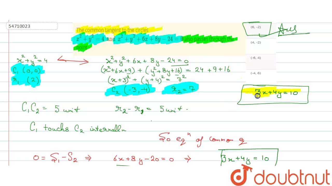 The Common Tangent To The Circles X 2 Y 2 4 And X 2 Y 2 6x 8y 24 0 Also Passes Through The Point