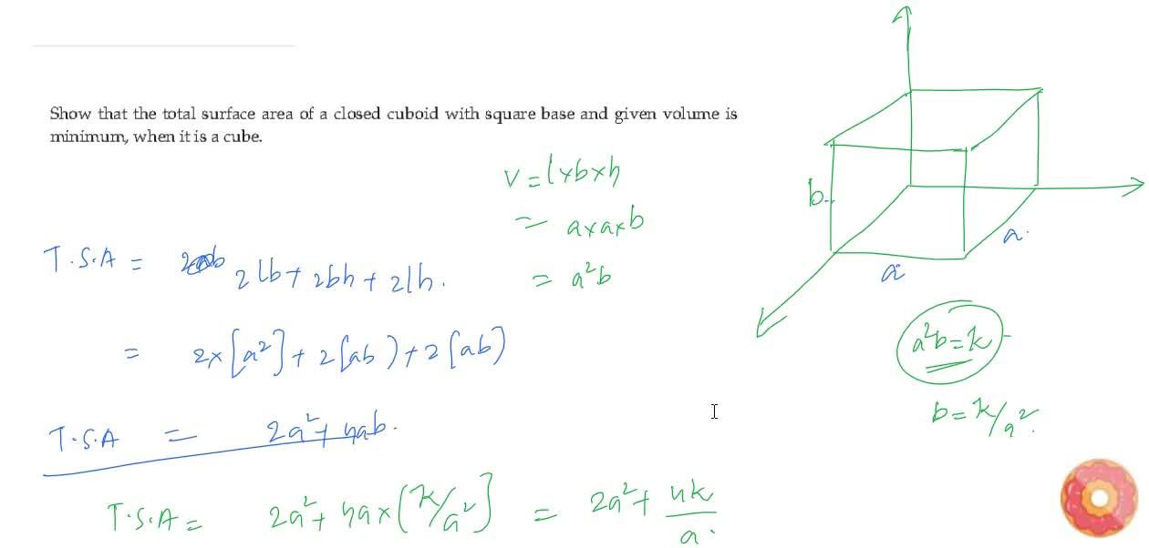 Show that the total surface area of a closed cuboid with square base and given volume is minimum when it is a cube