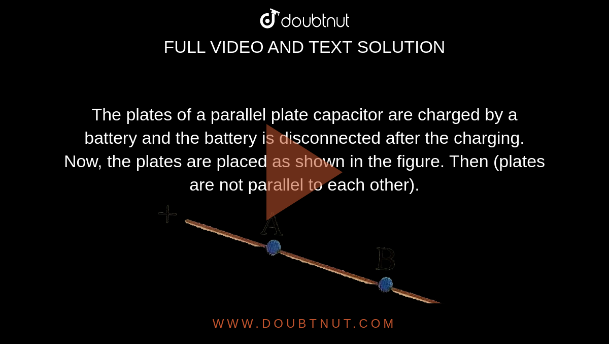 The plates of a parallel plate capacitor are charged by a battery and the battery is disconnected after the charging. Now, the plates are placed as shown in the figure. Then (plates are not parallel to each other). <br> <img src="https://d10lpgp6xz60nq.cloudfront.net/physics_images/NAR_PHY_V02_XII_C03_E01_175_Q01.png" width="80%">.