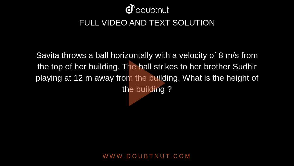 Savita throws a ball horizontally with a velocity of 8 m/s from the top of her building. The
