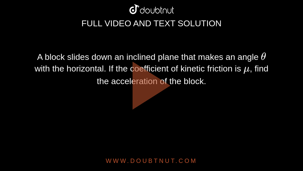 A block slides down an inclined plane that makes an angle `theta` with the horizontal. If the coefficient of kinetic friction is `mu`, find the acceleration of the block.