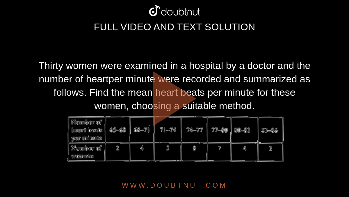 Dum Finde på Norm Thirty women were examined in a hospital by a doctor and the number of  heartper minute were recorded and summarized as follows. Find the mean  heart beats per minute for these women,