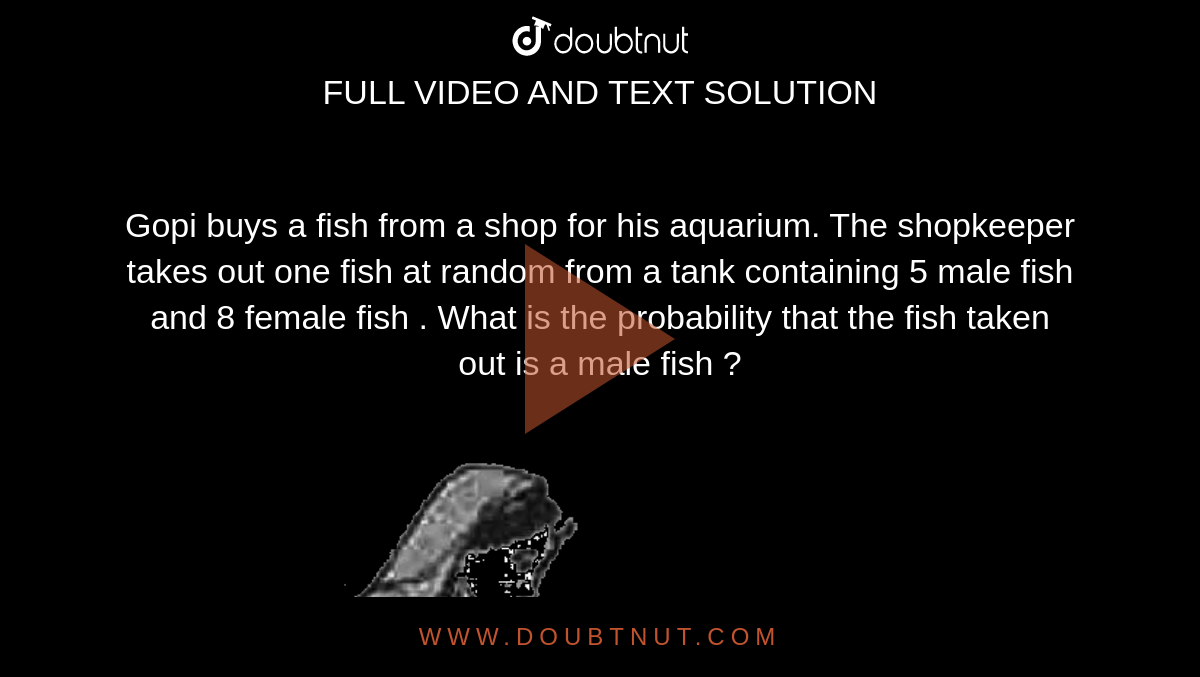 Gopi buys a fish from a shop for his aquarium. The shopkeeper takes out one fish at random from a tank containing 5 male fish and 8 female fish  . What is the probability that the fish taken out is a male fish ?  <br> <img src="https://d10lpgp6xz60nq.cloudfront.net/physics_images/SPH_MRJ_MAT_X_C14_E01_023_Q01.png" width="80%">