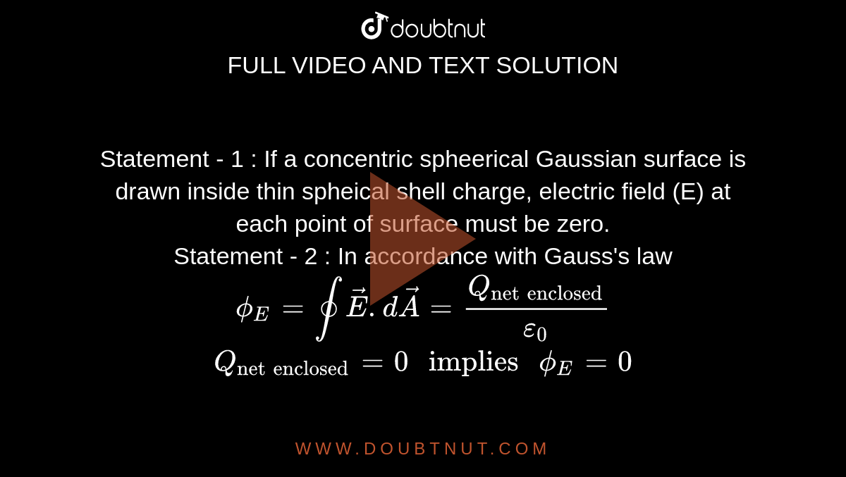 Statement - 1 : If a concentric spheerical Gaussian surface is drawn inside thin spheical shell charge, electric field (E) at each point of surface must be zero. <br> Statement - 2 : In accordance with Gauss's law <br> `phi_(E)=oint vec(E).d vec(A)=(Q_("net enclosed"))/(epsilon_(0))` <br> `Q_("net enclosed")=0" implies "phi_(E)=0` 
