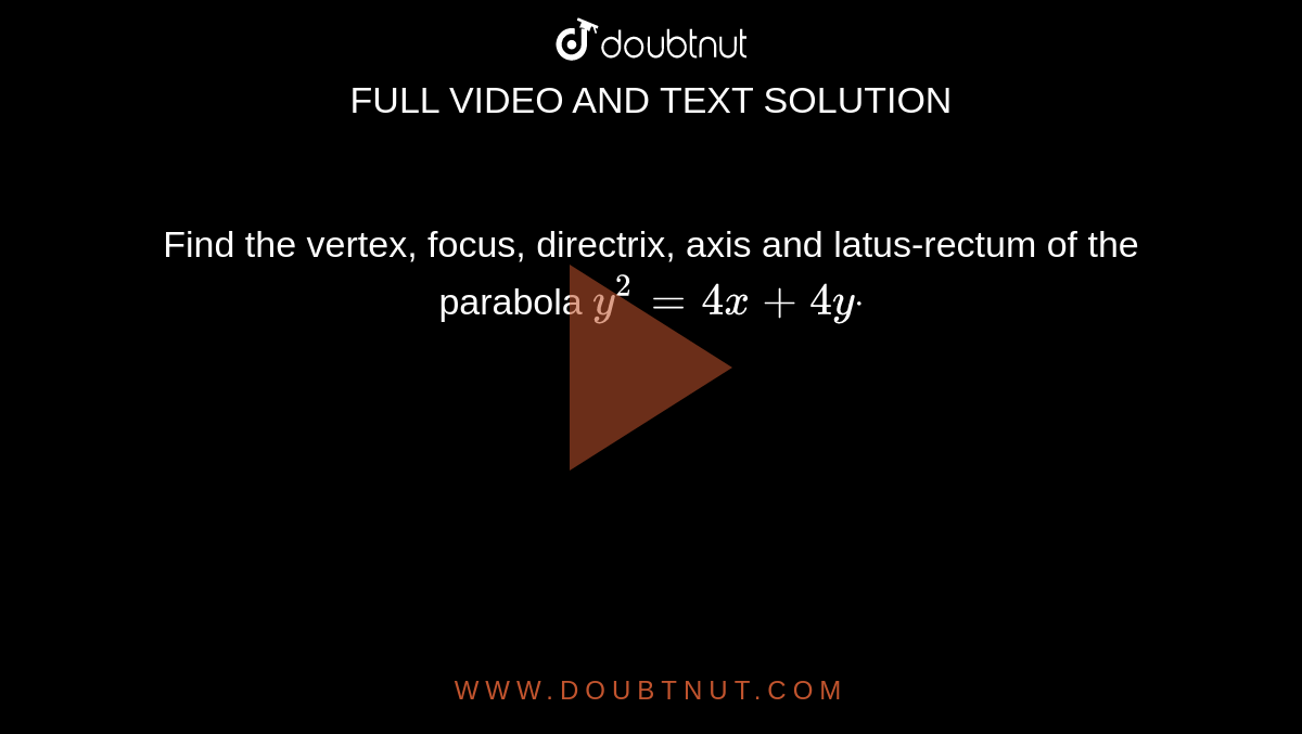 Find the vertex, focus, directrix,
  axis and latus-rectum of the parabola `y^2=4x+4ydot`