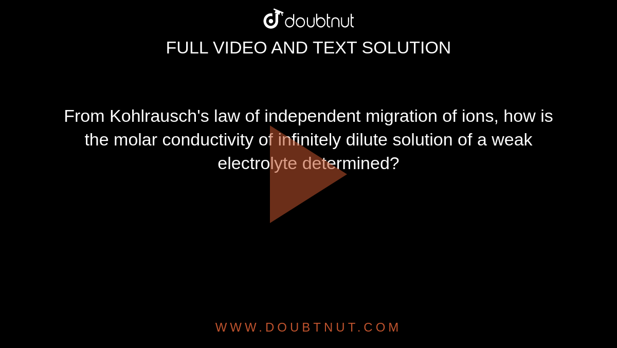 From Kohlrausch's law of independent migration of ions, how is the molar conductivity of infinitely dilute solution of a weak electrolyte determined?
