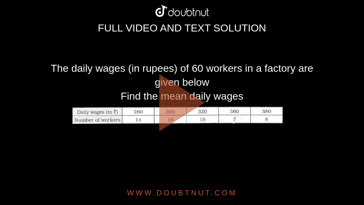 The daily wages (in rupees) of 60 workers in a factory are given below<br>Find the mean daily wages <br> <img src="https://d10lpgp6xz60nq.cloudfront.net/physics_images/RSA_MAT_VII_C21_E01_016_Q01.png" width="80%">