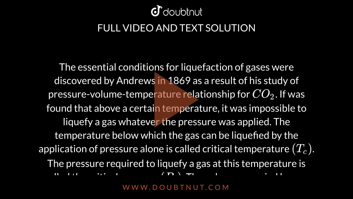 The essential conditions for liquefaction of gases were discovered by Andrews in 1869 as a result of his study of pressure-volume-temperature relationship for CO(2). If was found that above a certain temperature,