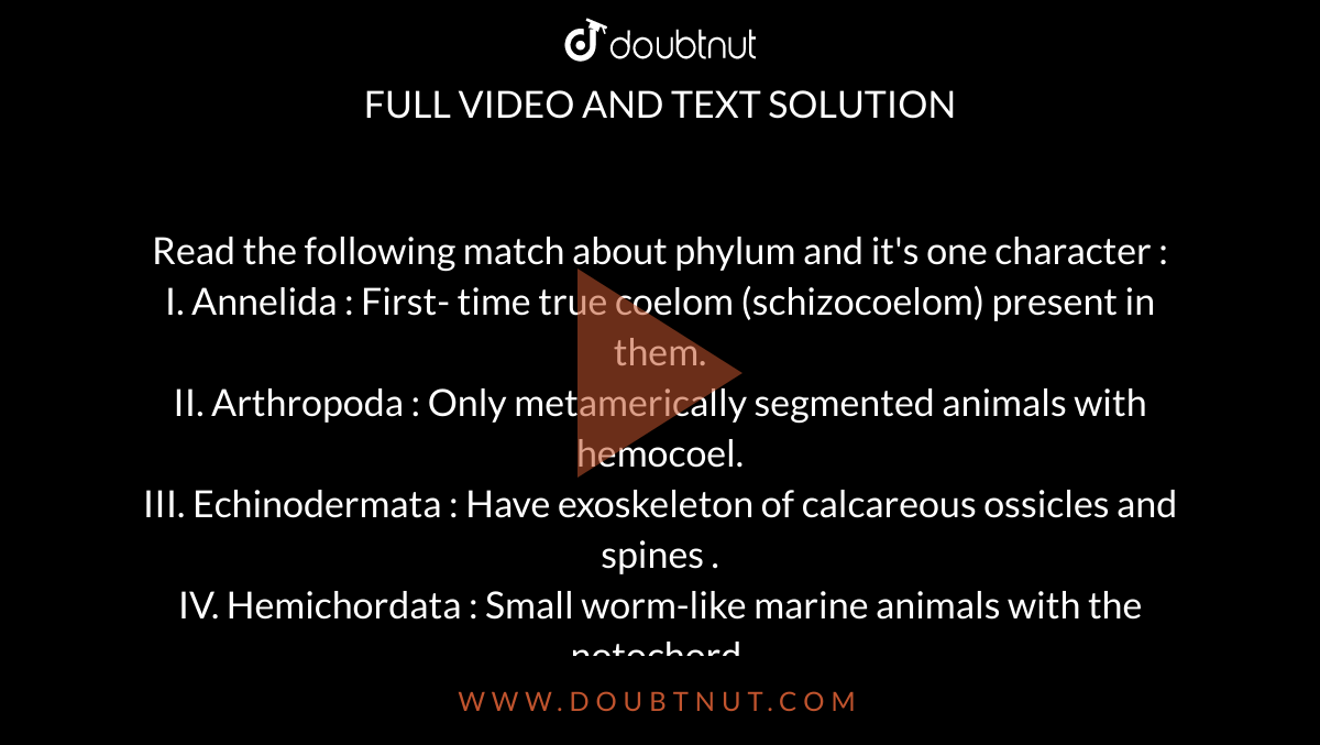 Read the following match about phylum and it's one character : I. Annelida  : First- time true coelom (schizocoelom) present in them. II. Arthropoda :  Only metamerically segmented animals with hemocoel. III.