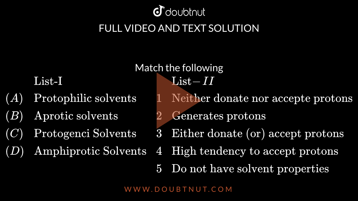 Match the following {(,"ListI",,"List"II),((A),"Protophilic solvents
